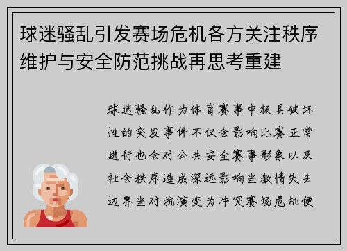 球迷骚乱引发赛场危机各方关注秩序维护与安全防范挑战再思考重建 球迷骚乱引发赛场危机各方关注秩序维护与安全防范挑战再思考重建